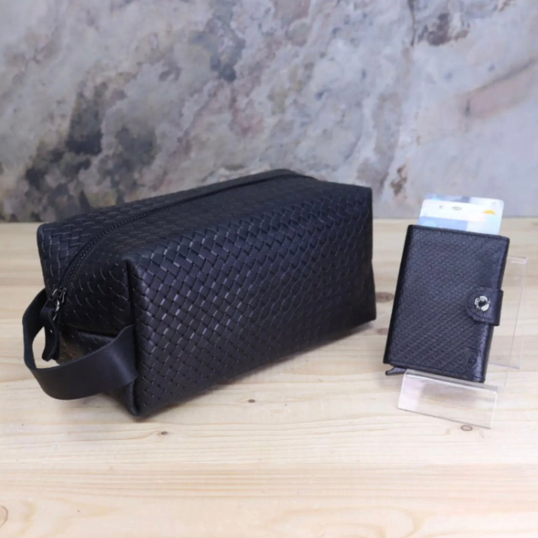 Leder Dopp Kit & Kartenhalter Set - Personalisiert mit Gravur, RFID-Geldbörse, Vatertag, Reise-Toilettenbeutel, Kartenetui