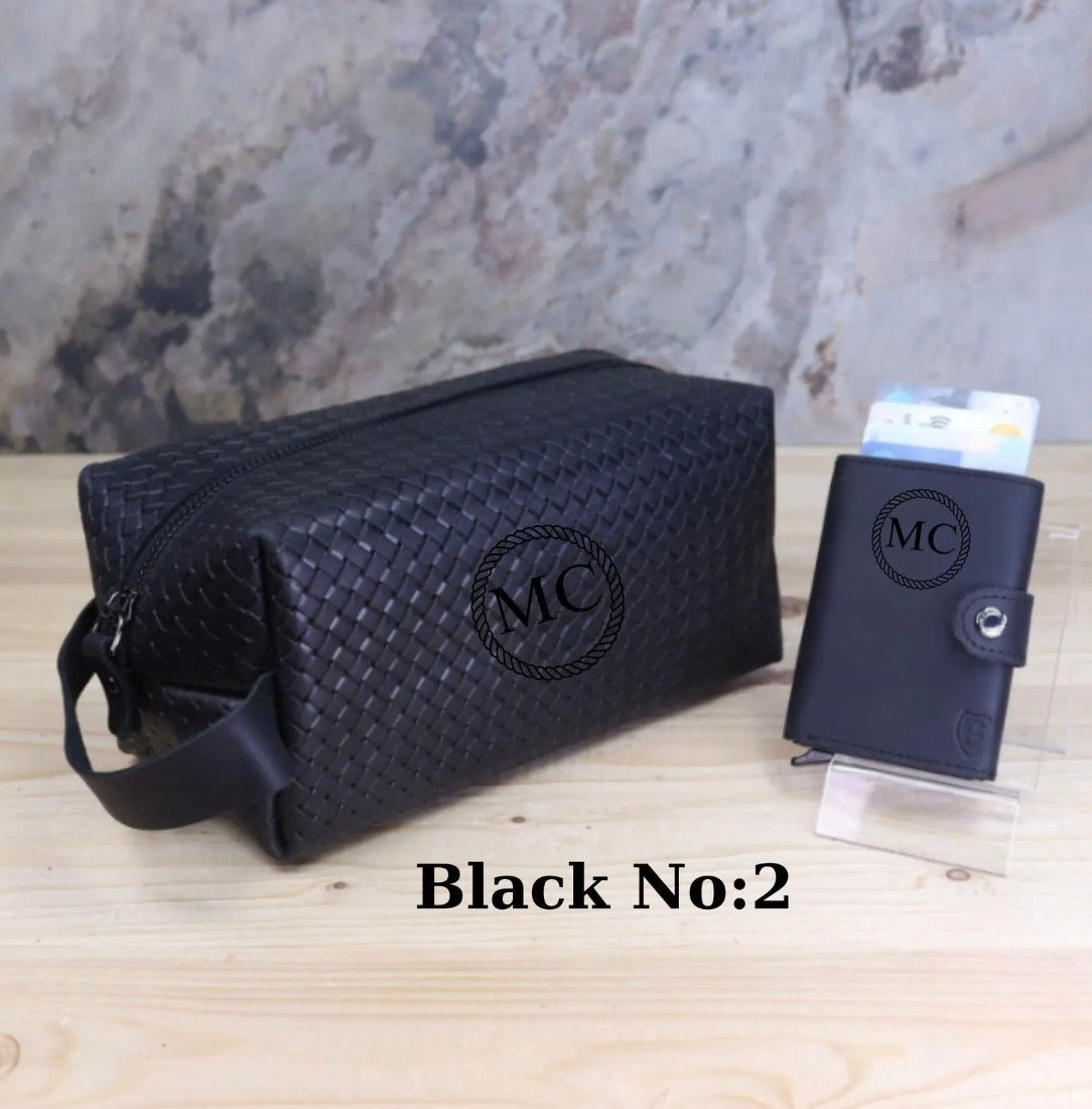 Leder Dopp Kit & Kartenhalter Set - Personalisiert mit Gravur, RFID-Geldbörse, Vatertag, Reise-Toilettenbeutel, Kartenetui