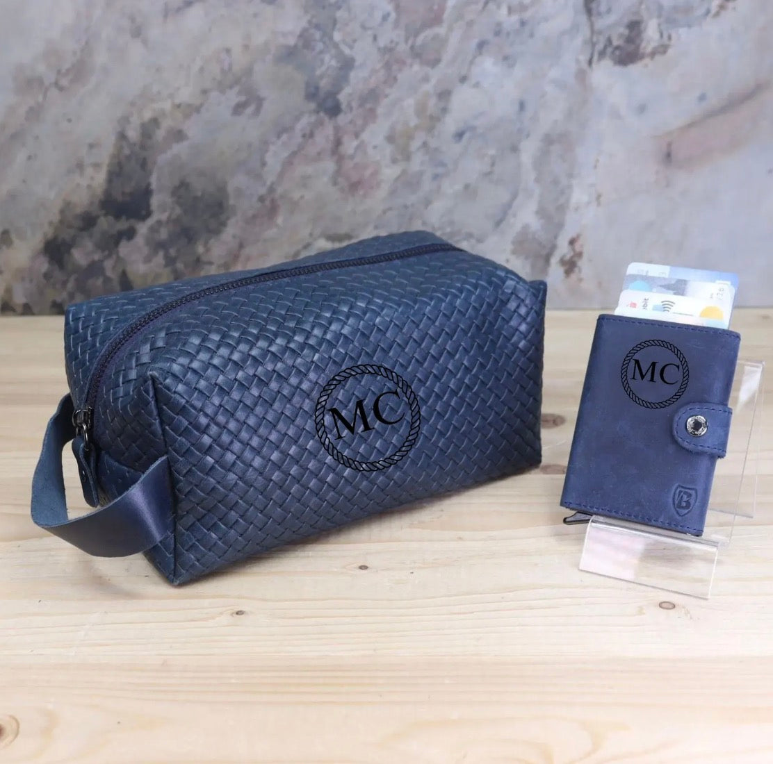 Leder Dopp Kit & Kartenhalter Set - Personalisiert mit Gravur, RFID-Geldbörse, Vatertag, Reise-Toilettenbeutel, Kartenetui