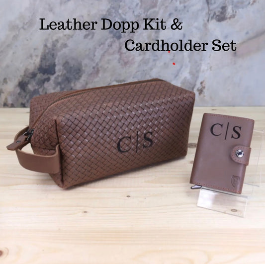 Leder Dopp Kit & Kartenhalter Set - Personalisiert mit Gravur, RFID-Geldbörse, Vatertag, Reise-Toilettenbeutel, Kartenetui