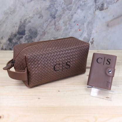 Leder Dopp Kit & Kartenhalter Set - Personalisiert mit Gravur, RFID-Geldbörse, Vatertag, Reise-Toilettenbeutel, Kartenetui