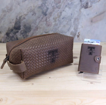 Leder Dopp Kit & Kartenhalter Set - Personalisiert mit Gravur, RFID-Geldbörse, Vatertag, Reise-Toilettenbeutel, Kartenetui