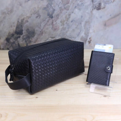 Leder Dopp Kit & Kartenhalter Set - Personalisiert mit Gravur, RFID-Geldbörse, Vatertag, Reise-Toilettenbeutel, Kartenetui